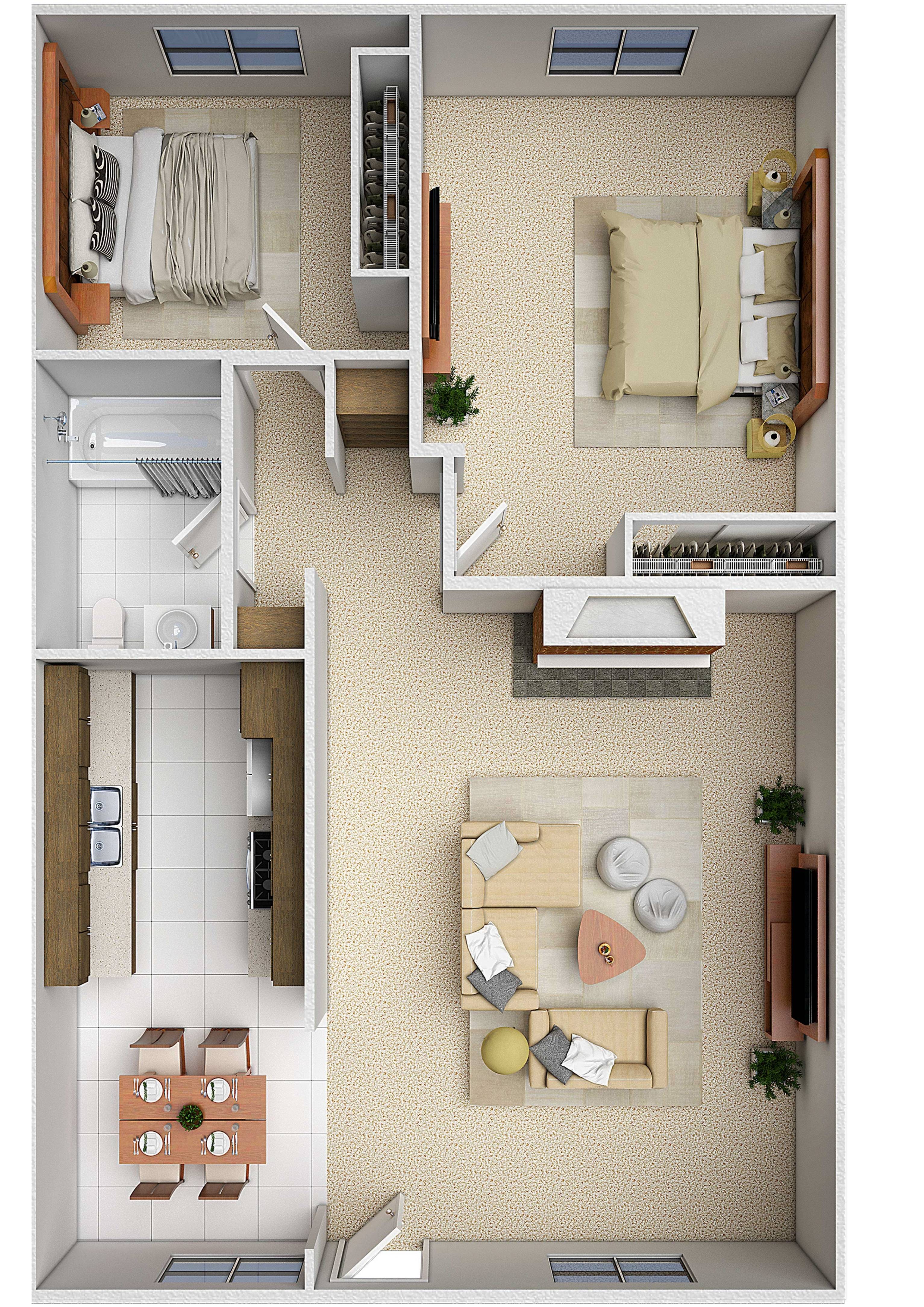Floor plan for 2 beds, 1 bath, 857 sqft